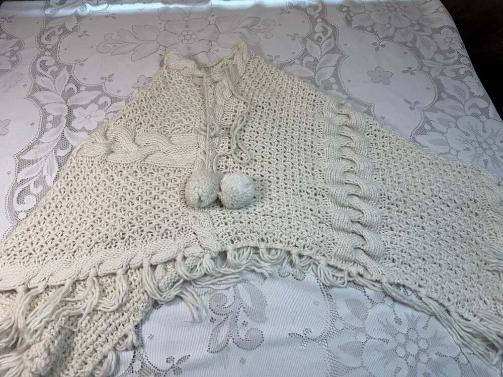 Handmade One Of A Kind Knitted Poncho  A Stunning WORK OF ART 2Pom Poms Small - Picture 2 of 6